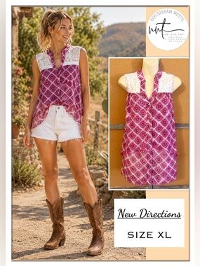 New Directions Sleeveless Button Front Tunic Blouse XL Pink Lace Yoke Geometric